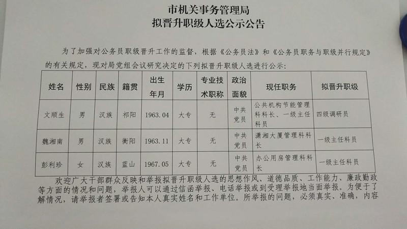 永州最新干部任前公示名单发布